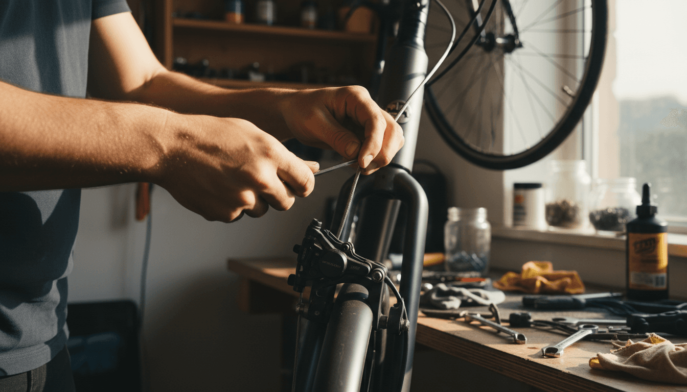 Nahaufnahme: Hände eines Mechanikers passen Bremsseile an einem E-Bike an